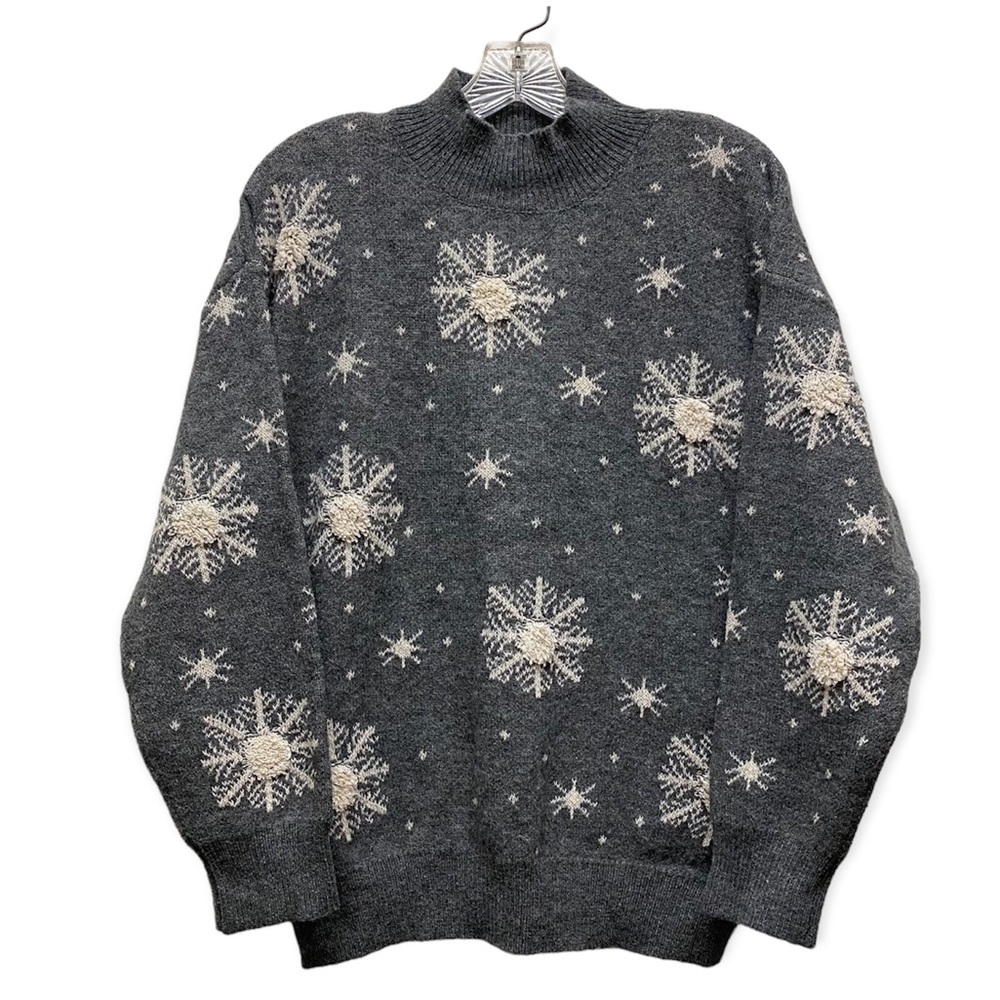 SUZANNE BETRO Snowflake Print Mock Neck Pullover Sweater Gray S/M